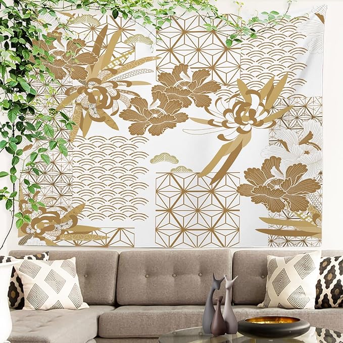 Batmerry Gold Japanese Floral Tapestry, Spring Wall Art Hanging Decoration Polyester Fiber White Ruffled Around For Dorm Room Bedroom Living Room, 30 X 40 Inches