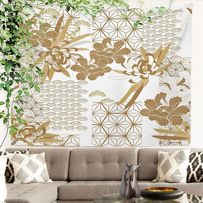 Batmerry Gold Japanese Floral Tapestry, Spring Wall Art Hanging Decoration Polyester Fiber White Ruffled Around For Dorm Room Bedroom Living Room, 30 X 40 Inches