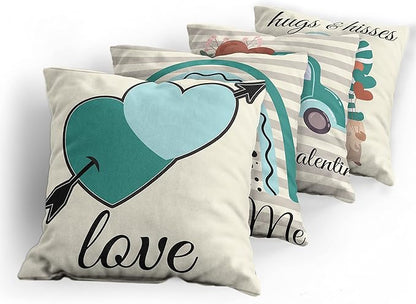 Ambesonne Romantic Throw Pillow Cushion Case Pack of 4, Love Hearts Arrow You and Me Be My Valentine Hugs Kisses Lettering, Modern Accent Double-Sided Digital Printing, 16", Teal Ivory Pale Eggshell