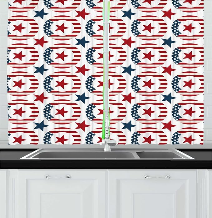 Lunarable Americana Long Kitchen Curtains, Patriotic Themed Art Design USA Flag Rounds and Stars, 2 Panel Set Drapes with Rod Pocket Room Decor, 55" x 45", Vermilion Dark Turquoise