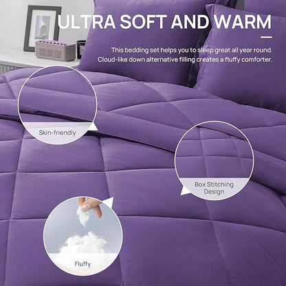 Love's cabin Twin Comforter Set Purple, 5 Pieces Twin Bed in a Bag, All Season Bedding Sets with 1 Comforter, 1 Flat Sheet, 1 Fitted Sheet, 1 Pillowcase and 1 Pillow Sham