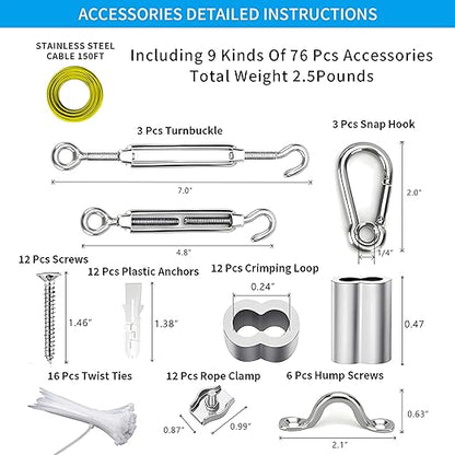 Globe String Light Suspension Kit, Outdoor Light Guide Wire, Vinyl Coated Stainless Steel Steel Cable，Include 150ft Transparent PVC and 304 Stainless Steel Wire Cable, Turnbuckle and Hooks