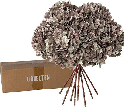 Artificial Flower Fake Silk Hydrangea Heads Bouquet with Stems Bulk for Fall Decoration Table Center Christmas Indoor Outdoor Faux Floral Realistic with Leaves Plants Crafts 8PCS(Brown)