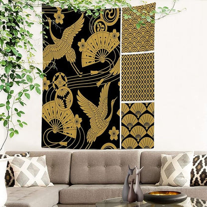 Batmerry Black Oriental Tapestry,Gold Japanese Fan Wall Art Hanging Decoration Polyester Fiber White Ruffled Around for Dorm Room Bedroom Living Room, 82.7x59.1 inches