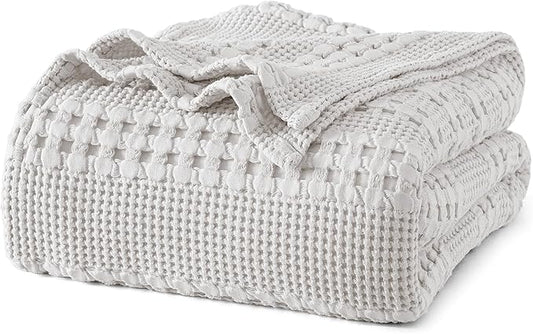 PHF 100% Cotton Waffle Weave Blanket Queen Size for Bed, Soft Lightweight & Breathable, All-Season Comfort, Luxury Aesthetic Woven Bedding for Home Decor, 90"x90", Light Grey