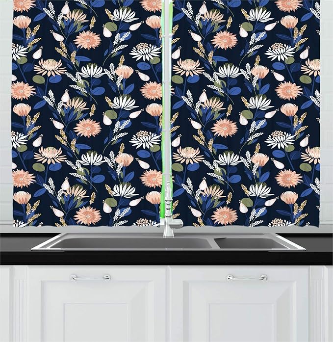 Lunarable Floral Kitchen Curtains, Blossoming Protea Flowers Botanical Garden, Window Drapes 2 Panel Set for Kitchen Cafe Decor, 55" X 39", Dark Petrol Blue Pale Peach Violet Blue and White