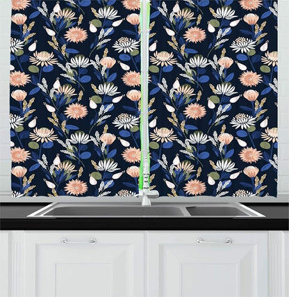 Lunarable Floral Kitchen Curtains, Blossoming Protea Flowers Botanical Garden, Window Drapes 2 Panel Set for Kitchen Cafe Decor, 55" X 39", Dark Petrol Blue Pale Peach Violet Blue and White