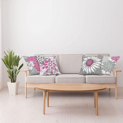 Ambesonne Floral Throw Pillow Cushion Case Pack of 4, Flower Petals Modern Color Palette Chamomile Peony Dahlia and Sunflower Print, Modern Accent Double-Sided Digital Printing, 20", Pink and Grey