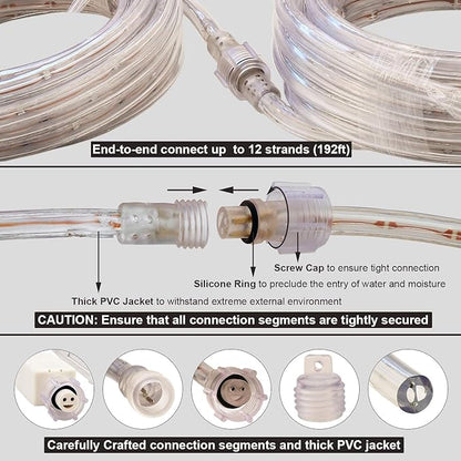 LED Rope Lights, 16ft Daylight White Strip Lights with Clear PVC Jacket, Connectable and Flexible, Waterproof for Indoor Outdoor use, 110V Plugin Tape Lighting with High Brightness 3528 LEDs