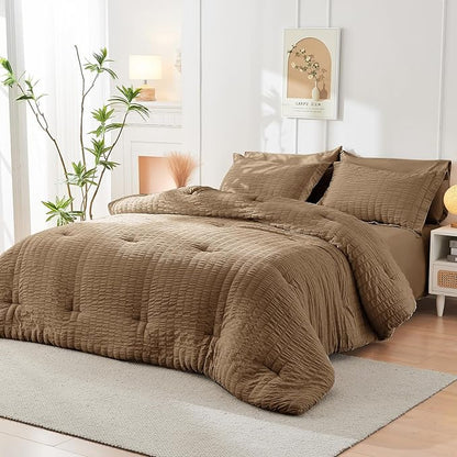 HYMOKEGE Brown Full Size Comforter Sets Seersucker 7 Pieces, All Season Luxury Bed in a Bag for Bedroom, Bedding Set with Comforter, Sheets, Pillowcases & Shams