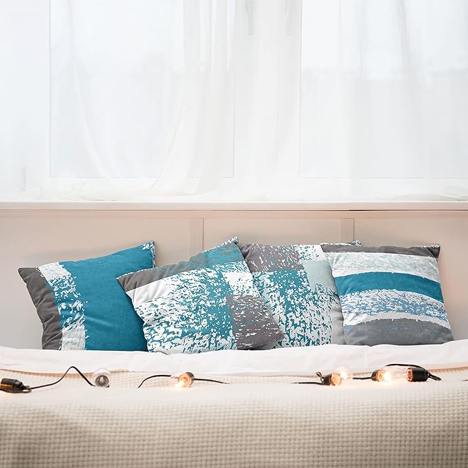 Ambesonne Grunge Throw Pillow Cushion Case Pack of 4, Abstract Design Simplistic Minimal Stripes Brushstrokes Contemporary, Modern Accent Double-Sided Digital Printing, 16", Sea Blue Grey and White