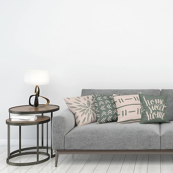 Ambesonne Modern Throw Pillow Cushion Case Pack of 4, Scandinavian Minimal Ornaments Boho Feather Leaves and Home Phrase, Modern Accent Double-Sided Digital Printing, 24", Pale Tan and Reseda Green