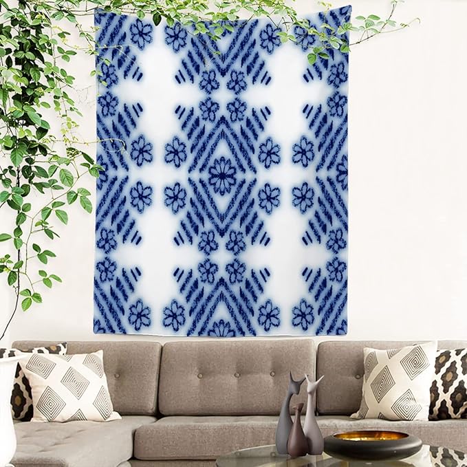 Batmerry Blue Art Flower Tapestry,Blue White Ceramic Glaze Tie Dye Wall Art Hanging Decoration Polyester Fiber White Ruffled Around for Dorm Room Bedroom Living Room, 59.1x39.4 inches
