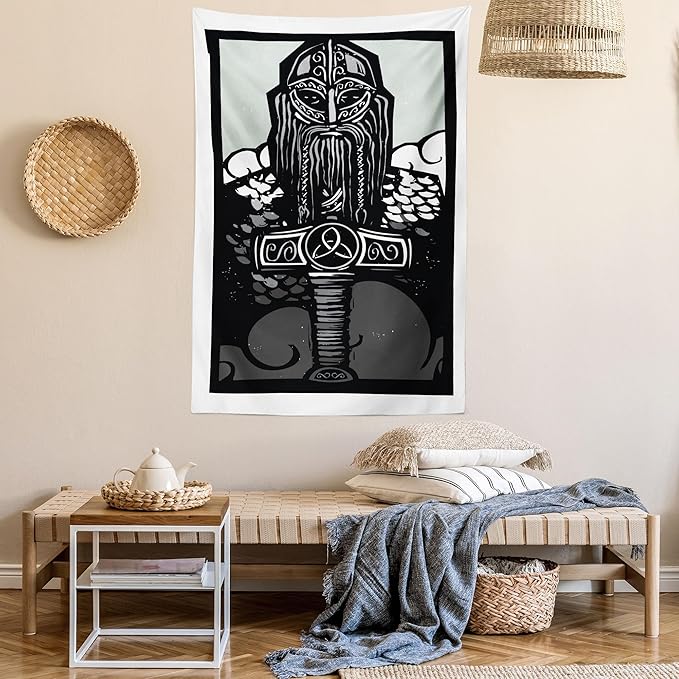 Lunarable Viking Tapestry Twin Size, Thor Son of Odin Monochrome Design Guardian of Asgard Scandinavian Culture, Wall Hanging Bedspread Bed Cover Wall Decor, Twin Size, Black White