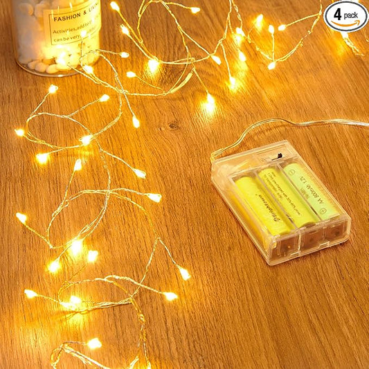 4 Pack Fairy Lights Battery Operated, 5 Feet 60 LED Twinkle String Lights Waterproof Firecracker Starry Lights for DIY Wreath Home Wedding Bedroom Mason Jar Holiday Christmas Decorations, Warm White