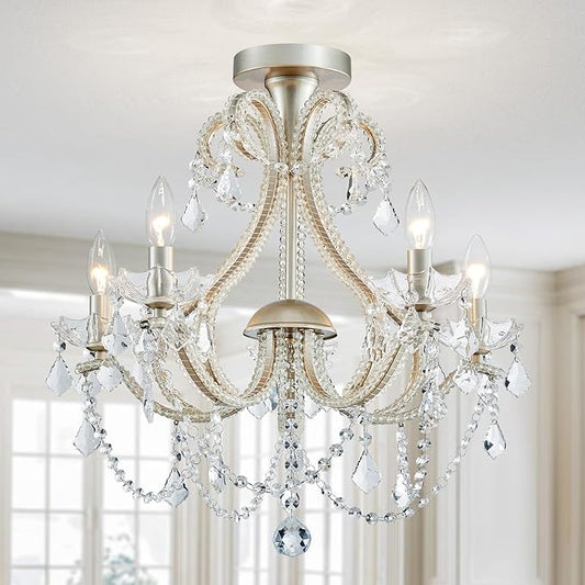 WUZUPS 5-Light Crystal Candle Chandelier Flushmount Ceiling Light Modern Lighting Fixture for Bedroom Hallway Bar Kitchen Bathroom, H 20.9" W 22", E12 Base, Brushed Nickel
