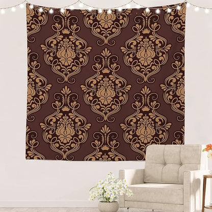 Batmerry Brown Damask Floral Tapestry,Vintage Golden Brown Damask Pattern Wall Art Hanging Decoration Polyester Fiber White Ruffled Around for Dorm Room Bedroom Living Room, 59.1x59.1 inches