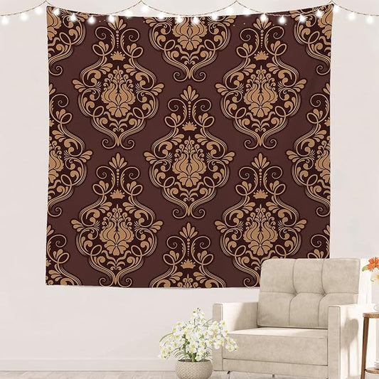 Batmerry Brown Damask Floral Tapestry,Vintage Golden Brown Damask Pattern Wall Art Hanging Decoration Polyester Fiber White Ruffled Around for Dorm Room Bedroom Living Room, 59.1x59.1 inches