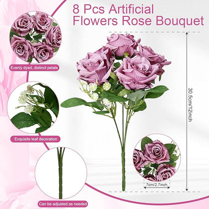Purple Roses Artificial Flowers - 8 Bundles Fake Silk Rose Flower Realistic Faux Florals Bulk for Wedding Bridal Party Baby Shower Event Home Arrangements Centerpieces Decor (Dusty Purple)