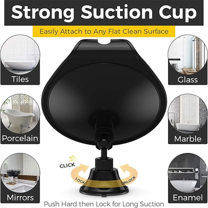 HONEYBULL Fogless Shower Mirror with Suction Mount & Swivel – Anti-Fog Acrylic Bathroom Mirror for Shaving – Built-in Razor Holder, Easy Install, Home Shower Accessory (Black)