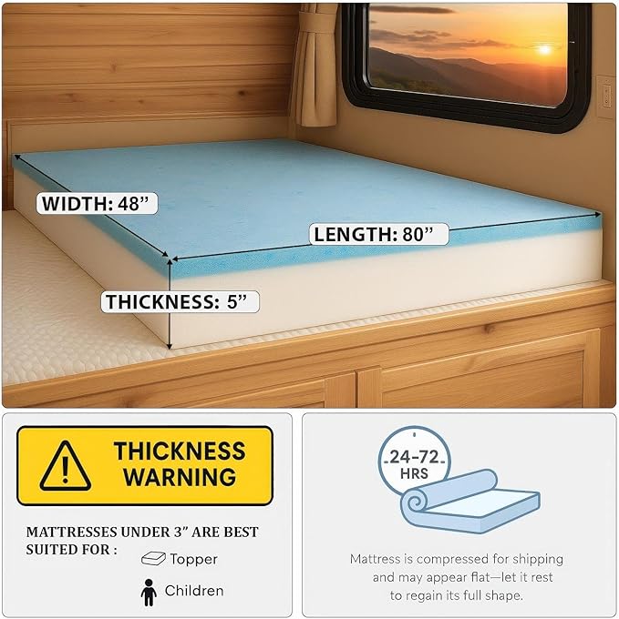 Foamma 5” x 48” x 80” Truck, Camper, RV Travel Visco Gel Memory Foam Bunk Mattress Replacement, Made in USA, Comfortable, Travel Trailer, CertiPUR-US Certified, Cover Not Included