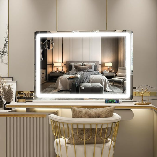 Vanity Mirror with Lights, 32" x 22" Large Lighted Vanity Mirror with Dimmable 3 Modes, LED Makeup Mirror, Touch Screen Control, USB Charging Port, Tabletop or Wall-Mounted