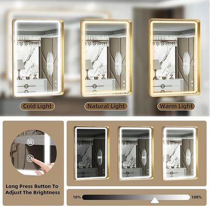 Hasipu 40×30 Inch LED Bathroom Mirror with Lights, Gold Metal Framed Bathroom Lighted Mirror for Vanity Shaving, Rectangle Wall Mounted Mirror, Anti-Fog, Dimmable, 3 Colors (Horizontal/Vertical)