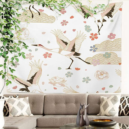 Batmerry White and Gold Japanese Tapestry,Rustic Wall Art Hanging Decoration Polyester Fiber White Ruffled Around for Dorm Room Bedroom Living Room, 51.2x59.1 inches