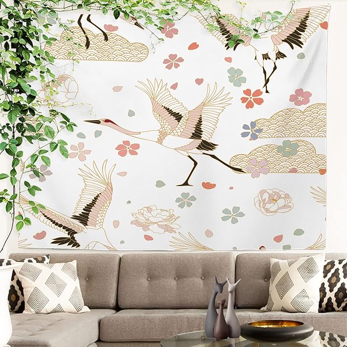 Batmerry White and Gold Japanese Tapestry, Rustic Wall Art Hanging Decoration Polyester Fiber White Ruffled Around for Dorm Room Bedroom Living Room, 39.1x59.1 inches