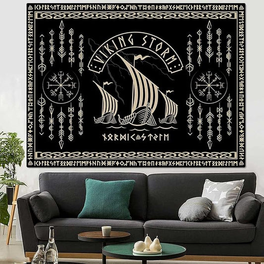 OSUNBD Viking Warship Tapestry Wall Hanging - Small 70x47 inches Storm & Celtic Runes on Soft Flannel Aesthetic Mythology Tapestries Norse Mythology Art for Bedroom, Living Room Decor