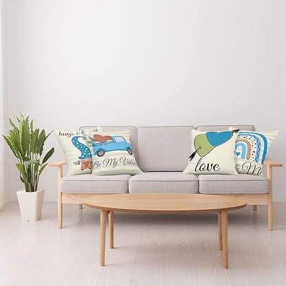 Ambesonne Romantic Throw Pillow Cushion Case Pack of 4, Love Hearts Arrow You and Me Be My Valentine Hugs Kisses Lettering, Modern Accent Double-Sided Digital Printing, 20", Ivory Blue and Olive Green