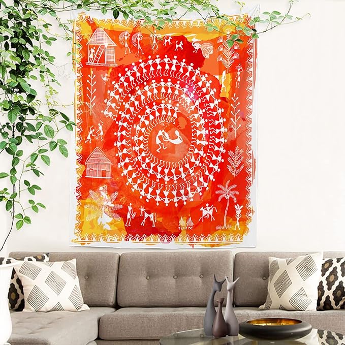 Batmerry Tribal Art Abstract Tapestry, Traditional Ancient Tribal Indian Rural Wall Art Hanging Decoration Polyester Fiber White Ruffled Around for Dorm Room Bedroom Living Room, 59.1x39.4 inches