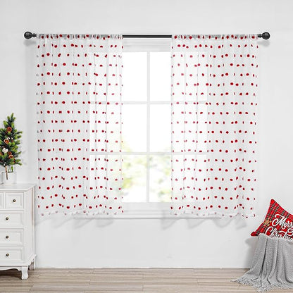MYSKY HOME Red Pom Pom Curtains for Kitchen 45 Inch Long Bedroom Curtains Christmas Small Windows Light Filtering Sheer Curtains for Nursery Short Cafe Bathroom Privacy Rod Pocket 2 Panels 52 x 45 in