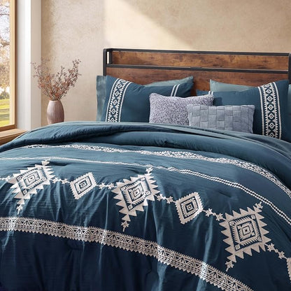 MaiRêve Embroidery King Size Comforter Set Navy Blue, Boho Farmhouse Western Bedding Set 7 Pieces, All Season Bed in A Bag Comforter Set with Sheets, Pillowcases & Shams