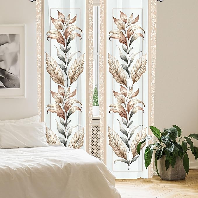 Ambesonne Vintage Window Curtains, Nostalgic and Botanical Concept Leaf Design with Antique Looking Motifs, Lightweight Decor 2-Panel Set with Rod Pocket, Pair of - 28" x 84", Ecru Pale Brown Green