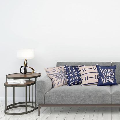 Ambesonne Modern Throw Pillow Cushion Case Pack of 4, Scandinavian Minimal Ornaments Boho Feather Leaves and Home Phrase Print, Modern Accent Double-Sided Digital Printing, 18", Pale Tan and Indigo