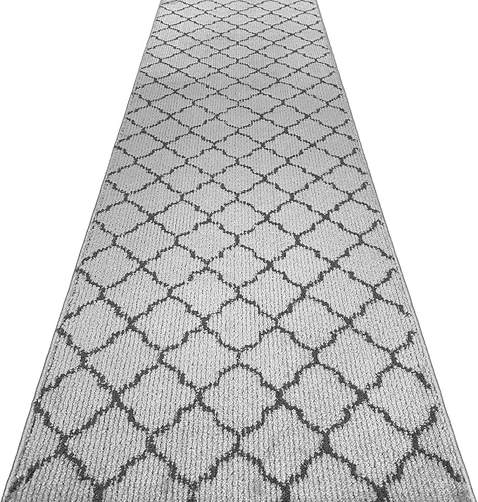 Custom Size Modern Runner Rug Carpet for Hallway Entryway Foyer Kitchen, Slip Resistant Latex Rubber Backed 31 inch Wide X Customized Length, Trellis Grey, 31 inch X 26 feet