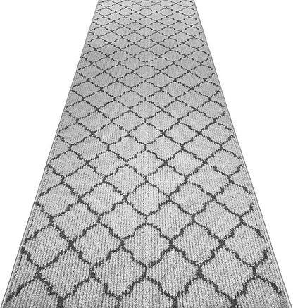 Custom Size Modern Runner Rug Carpet for Hallway Entryway Foyer Kitchen, Slip Resistant Latex Rubber Backed 31 inch Wide X Customized Length, Trellis Grey, 31 inch X 18 feet