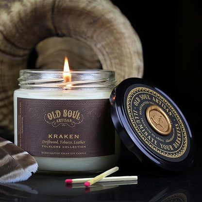Kraken - Teakwood Driftwood, Tobacco, Leather Scented Soy Candle - Scandinavian Viking Norse Mythology Sea Monster - Nautical Beach Decor Boating Gift - 12oz Vegan