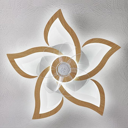 24" Wooden Geometric Ceiling Fan with Lights Remote Control, 3 Light Color 6 Speeds Low Profile Flush Mount Ceiling Fan for Kitchen Bedroom Living Room