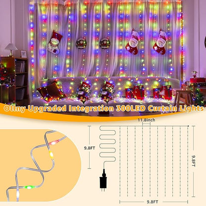 Ollny Curtain Lights 300 LED 9.8FT x 9.8FT, Connectable IP67 Waterproof Outdoor Christmas Curtain Lights with Remote, Plug-in Untangle Fairy Lights with 8 Modes&Timers for House Decor(Multicolored)