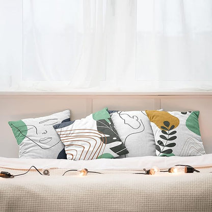 Ambesonne Minimal Throw Pillow Cushion Case Pack of 4, Modern Line Art Woman Portrait with Contemporary Leafy Geometric Details, Modern Accent Double-Sided Digital Printing, 20", Sea Green Slate Blue