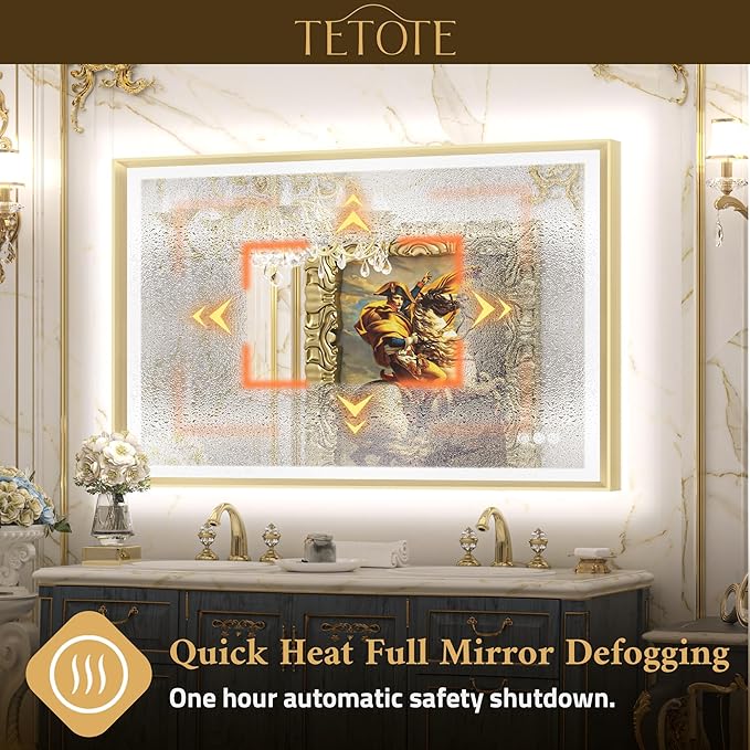 TETOTE Gold LED Bathroom Mirror with Lights 28x36 Frontlit & Backlit Vanity Framed Mirror Baroque Anti Fog Stepless Dimmable White/Warm/Natural,CRI90+,Waterproof,Wall Mounted(Horizontal/Vertical)