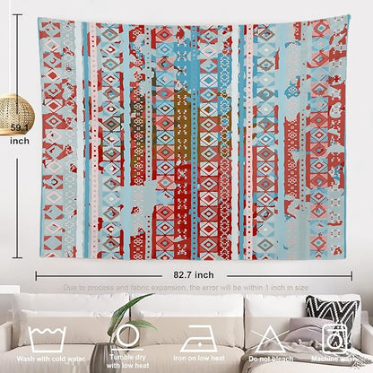 Batmerry Blue Grey Boho Garbage Tapestry, Red Wall Art Hanging Decoration Polyester Fiber White Ruffled Around for Dorm Room Bedroom Living Room, 59.1x82.7 inches