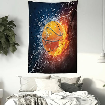 Ambesonne Sports Tapestry, Basketball Ball and Water Splashing Thunder Lightning Themed Design, Wall Hanging for Bedroom Living Room Dorm Decor, 60" X 80", Dark Blue and Burgundy