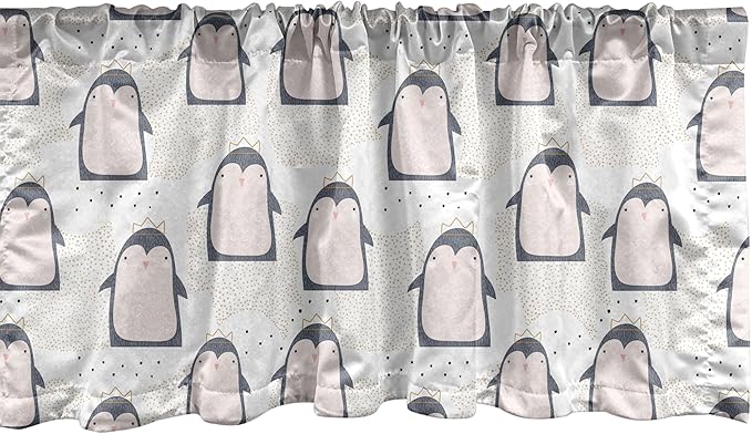 Ambesonne Penguin Window Valance, Pastel Colored Style Cartoon Animals from Antarctica Crowns on a Dotted Background, Curtain Valance for Kitchen Bedroom Decor with Rod Pocket, 42" x 12", Grey Pink