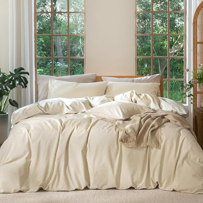 MooMee Bedding Duvet Cover Set 100% Washed Cotton Linen Like Textured Breathable Durable Soft Comfy (Heathered Almond Milk Grey, Oversized Queen 98"x98")