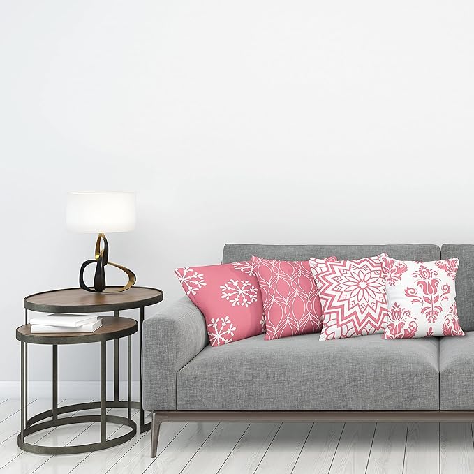 Ambesonne Retro Throw Pillow Cushion Case Pack of 4, Trellis Grid Medieval Floral Damask Mandala Flower Ornament in Modern Monochrome, Modern Accent Double-Sided Digital Printing, 20", Pastel Pink