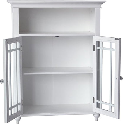 Teamson Home Neal Wooden Freestanding Floor Cabinet with 1 Adjustable Shelf 3 Storage Spaces 2 Glass Doors and 2 Clear Knobs, White