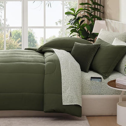 Monbix Queen Comforter Set - 7 Pieces Olive Green Bed in a Bag Queen Track Stitching Bedding Sets, All Seasons Down Alternative Comforter Bed Set with Sheets,Pillowcases & Shams